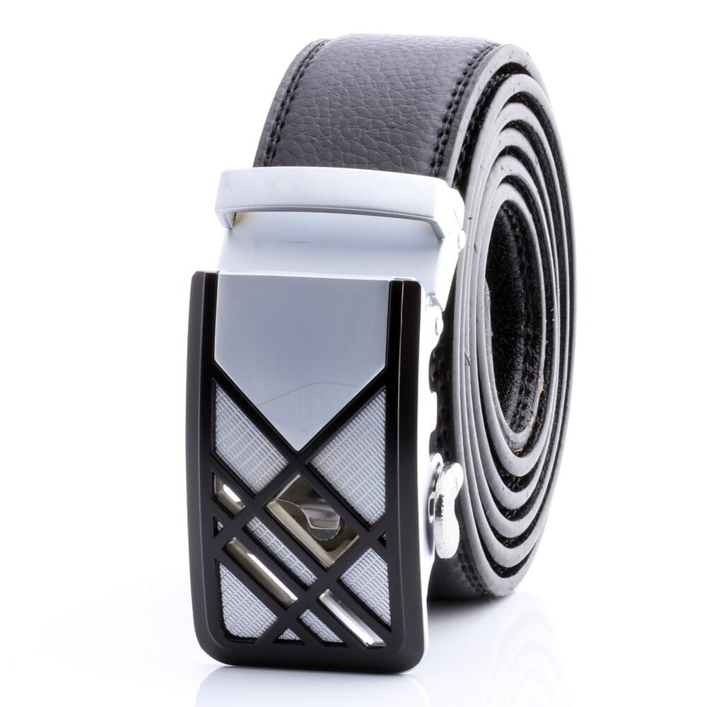 Amedeo =Silver White Automatic Ratchet Belt  No Holes needed Perfect Fit leather